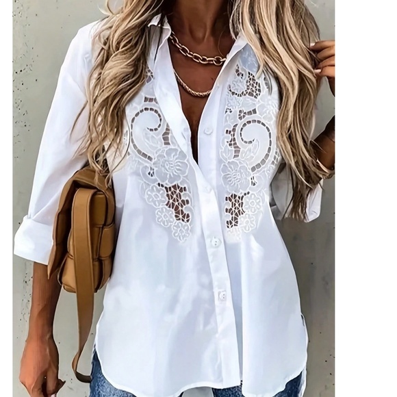 Plus White Floral Embroidered Cut out Button Down Shirt - Picture 1 of 5